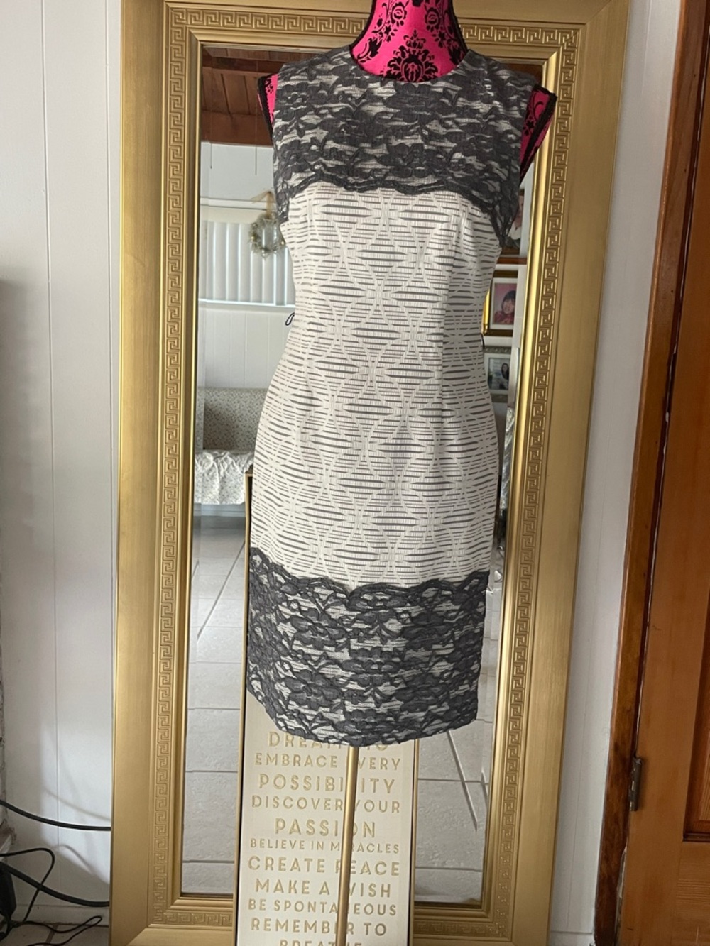 Maggy London Ivory and Charcoal Lace-Trim Midi Sheath Dress